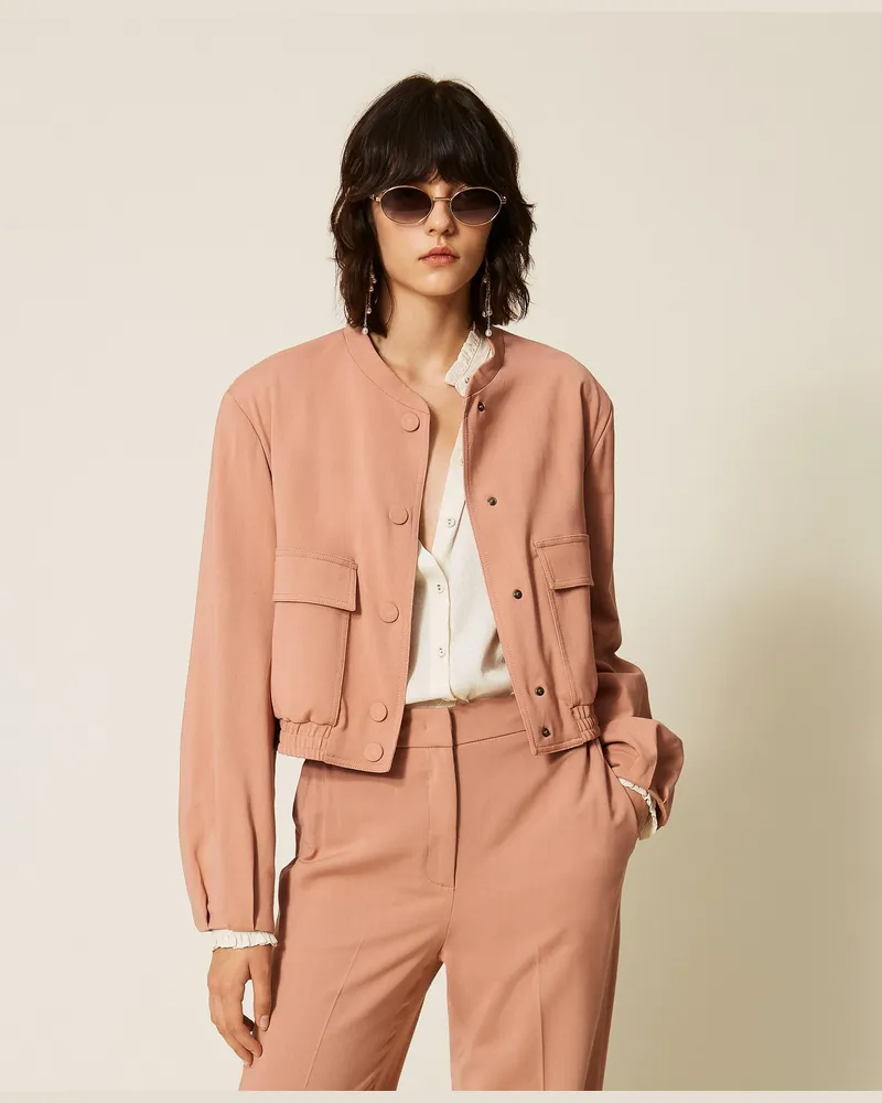 Twin-Set Bomberjacke aus Twill mit Taschen, Damen, Puderrosa Puderrosa