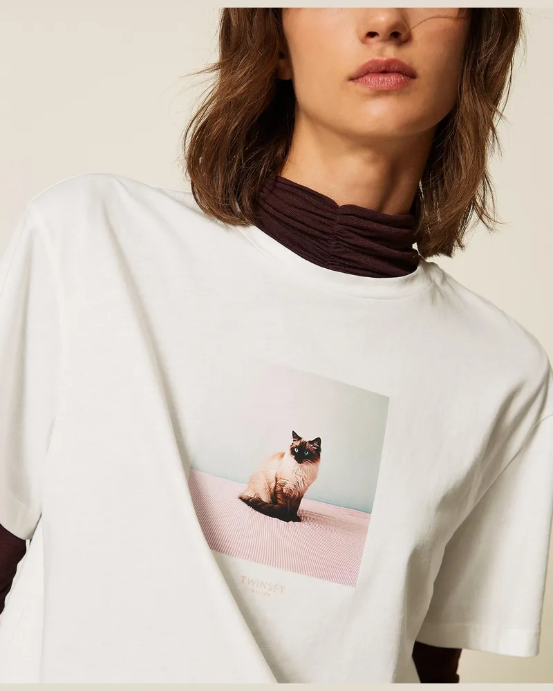Twin-Set Regular-T-Shirt mit Rundhalsausschnitt und Print, Damen, Katzenprint / "Lucent White Katzenprint