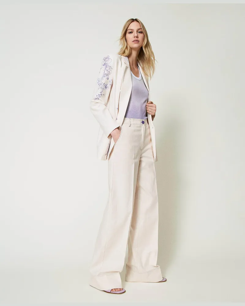 Actitude by Twinset Hosen - MYFO Palazzohose aus Leinenmischung mit Print, Print Royal Purple Toile De Jouy, Mit Blumen, Größe Print