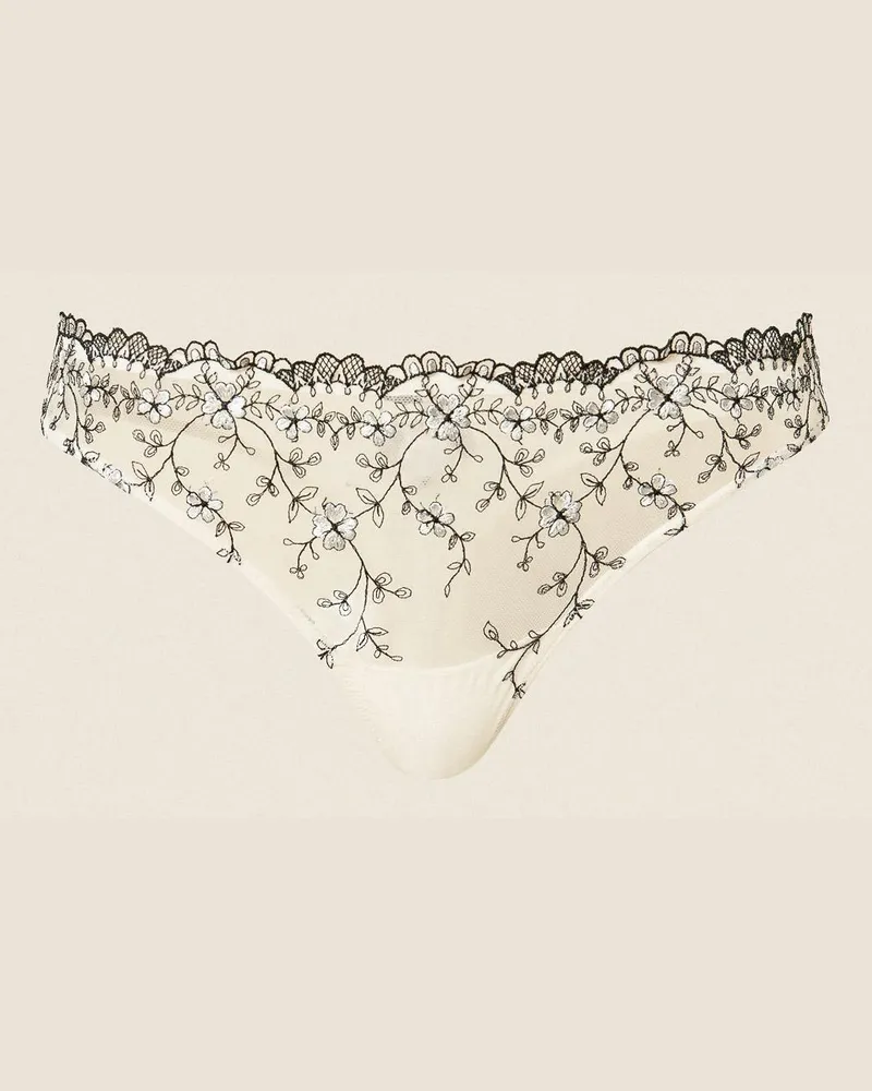 Twin-Set Stringtanga aus besticktem Tüll, Damen, Stickerei Perlmutt / Schwarz Stickerei