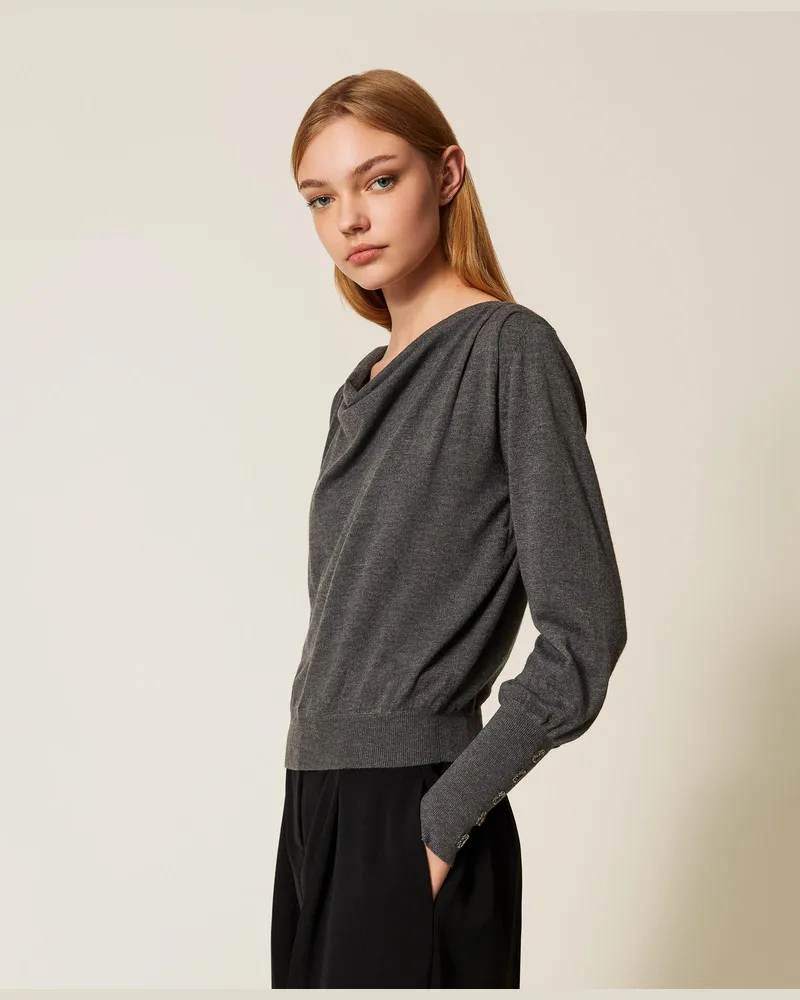 Actitude by Twinset Pullover mit Faltenwurf und Stickereien, Durchschnittgrau-Mélange, Größe Durchschnittgrau-mélange