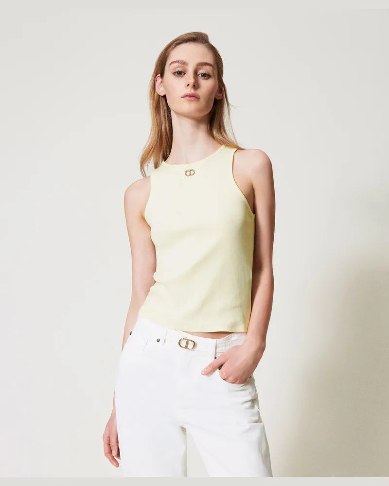 Twin-Set Tops - Figurbetontes Rippentop mit Oval T, Vanilla, Baumwolle, Größe: XXL 