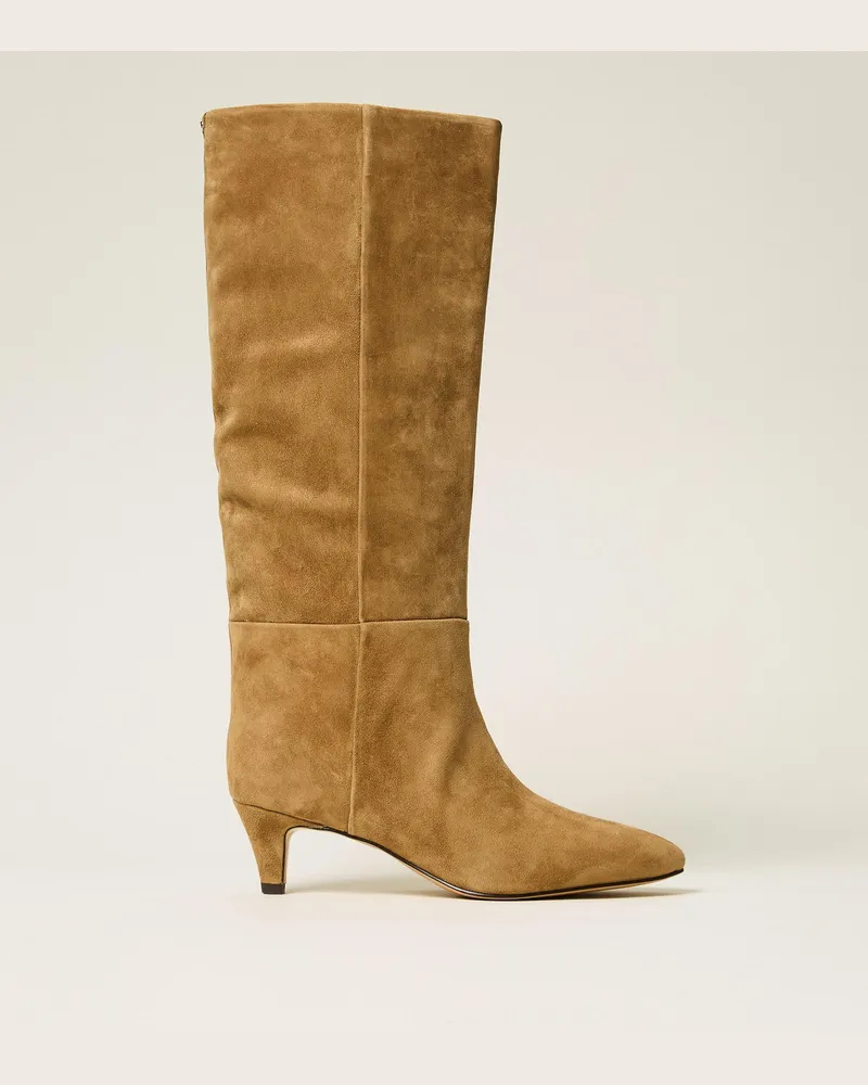 Twin-Set Hoher Stiefel aus Veloursleder, Damen, „Oak"-Beige „oak“-beige