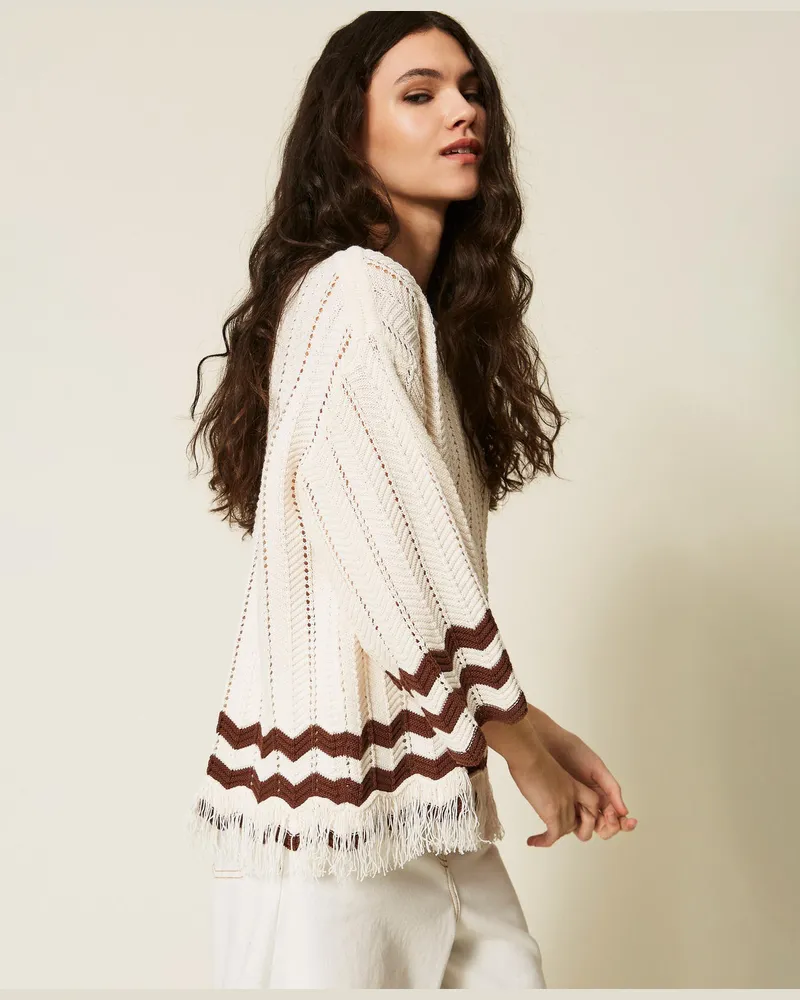 Actitude by Twinset Pullover mit Zackenmuster und Fransen, Zweifarbig Milk/Chocolate Lab, Größe Zweifarbig