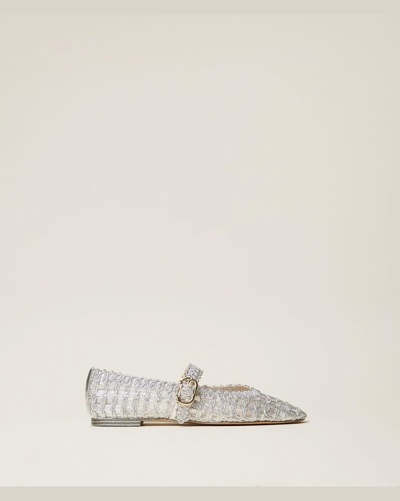 Twin-Set Ballerina mit Riemchen und Stickerei Silber