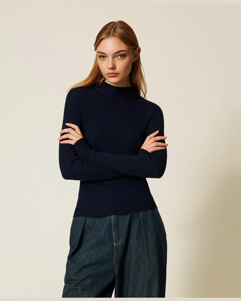 Twin-Set Stehkragenpullover aus Wolle im Rippenmuster, Klassisches Blau, Größe: XXL 