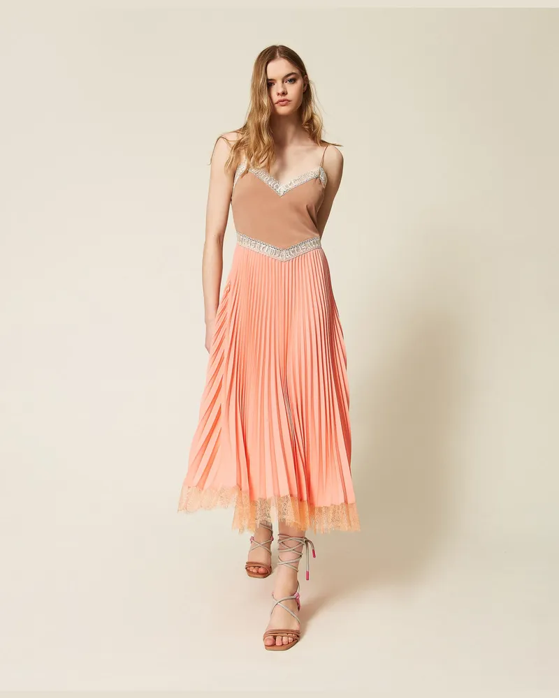Actitude by Twinset Kleider - MYFO Midikleid aus Crêpe de Chine mit Plissees, Zweifarbig Peach Amber/Nude Beige, Größe Zweifarbig