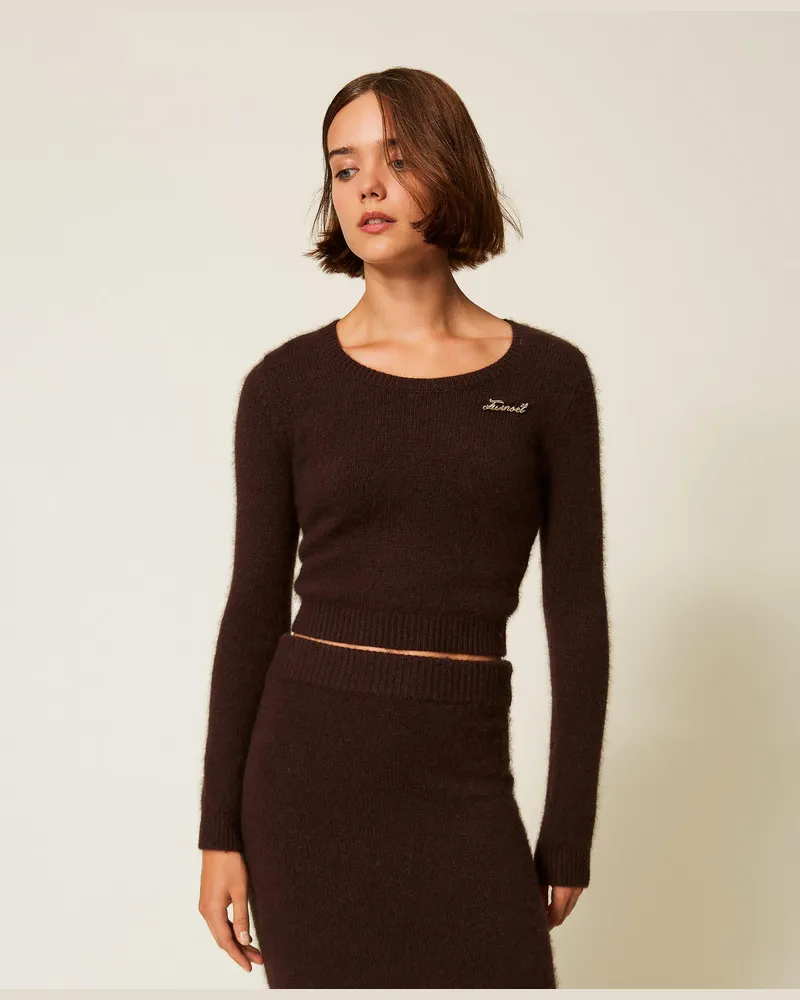 Twin-Set Pullover aus Angorawollmischung mit Schmuckbrosche, Black Chocolate, Größe: S 