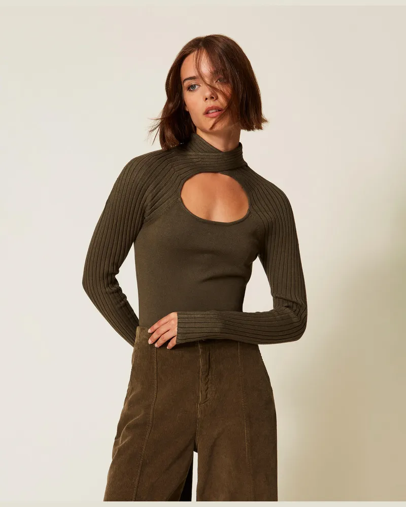 Twin-Set Anliegender Pullover mit Cut-outs, Green Olive, Größe Green