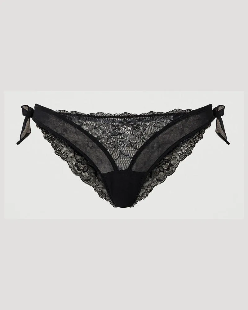 Twin-Set Unterwäsche - Brazilian-Slip aus bestickter Spitze mit Schleifchen, Schwarz, Größe: IV 