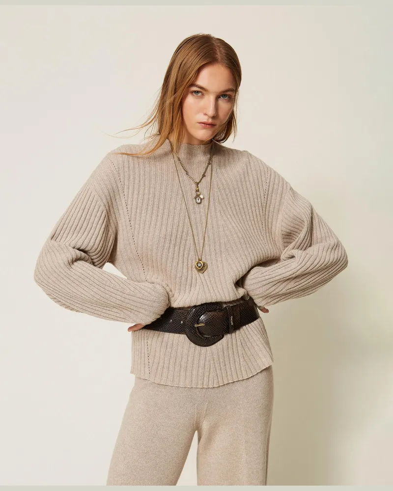 Twin-Set Pullover aus Wollmischung mit Lurex, Damen, Kitt Hell / Silber Kitt