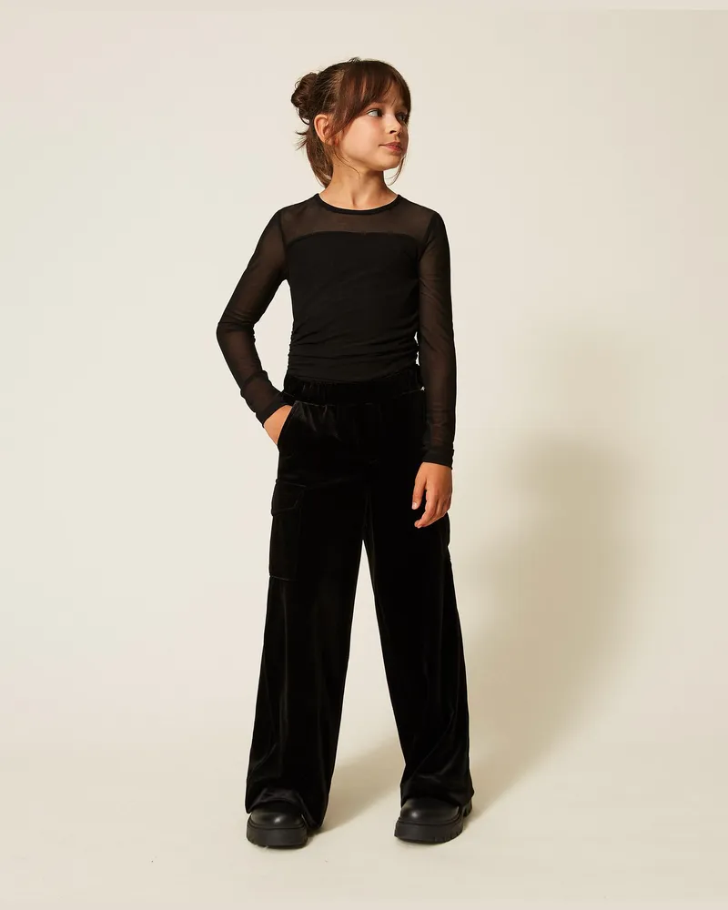 Twin-Set Palazzo-Hose aus Chenille, Damen, Schwarz Schwarz