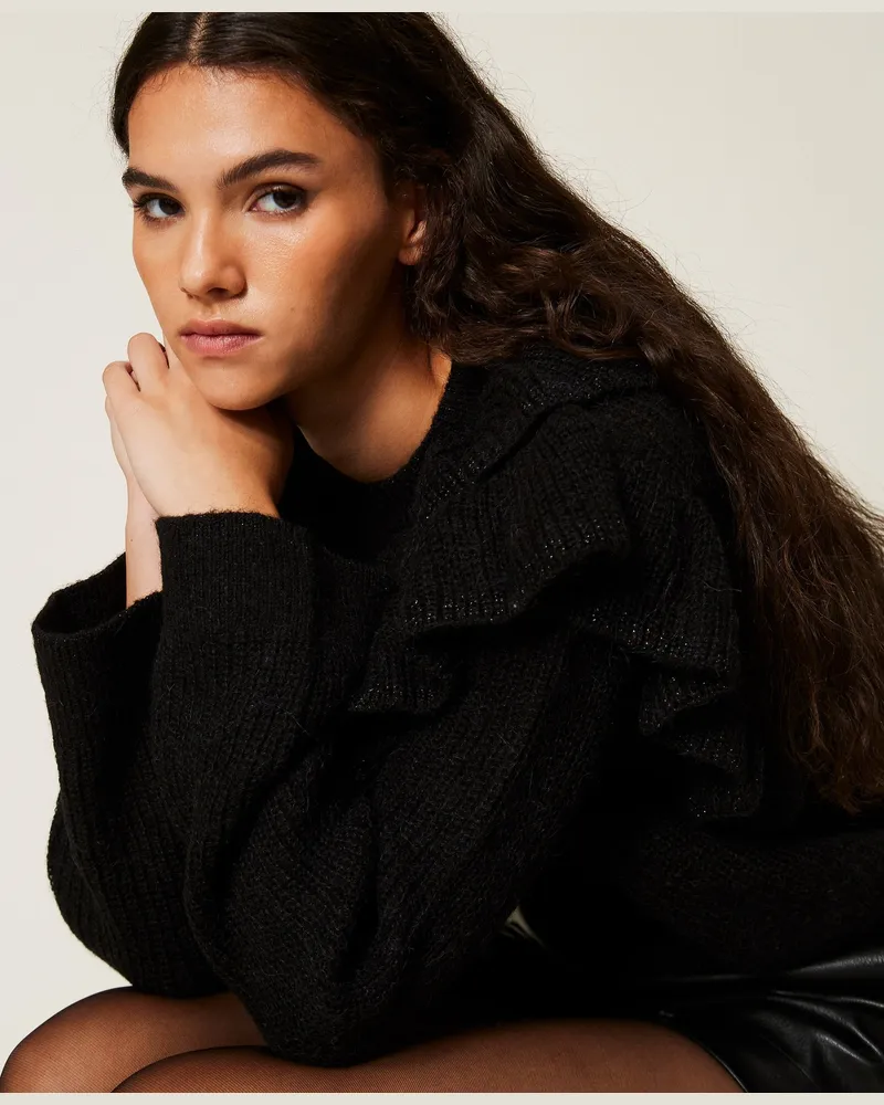 Twin-Set Pullover aus Lurexgarn mit Volants, Damen, Schwarz Schwarz