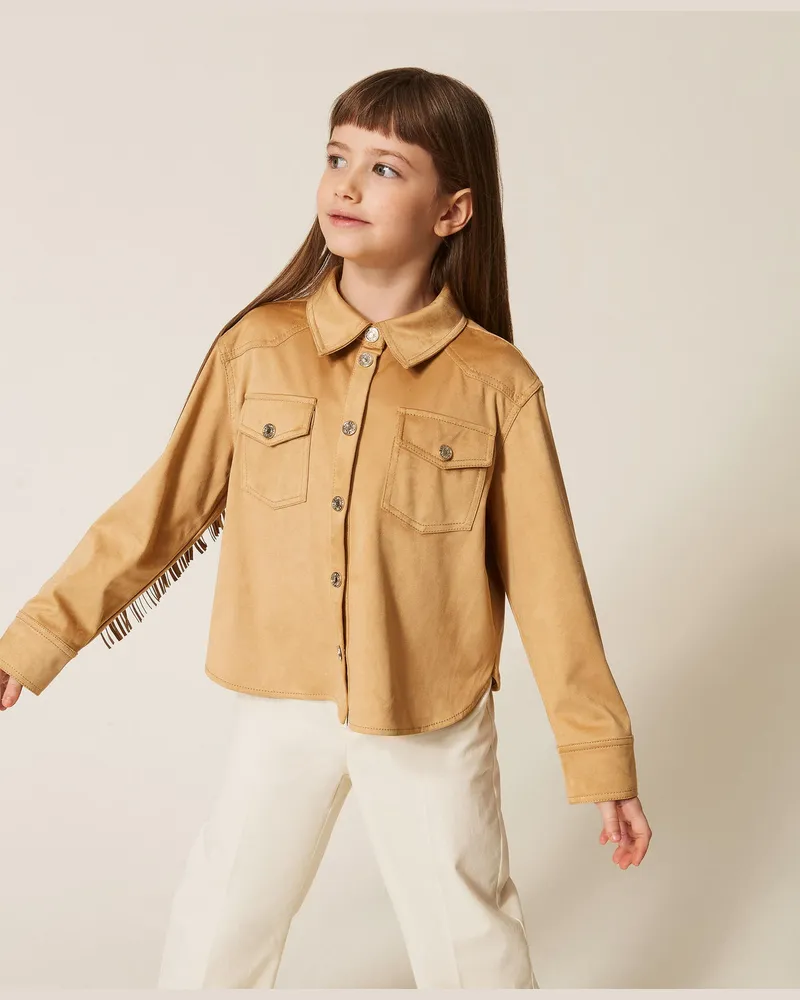 Twin-Set Jacken und Outerwear - Jacke in Velourslederoptik mit Fransen, Safaribeige, Größe Safaribeige