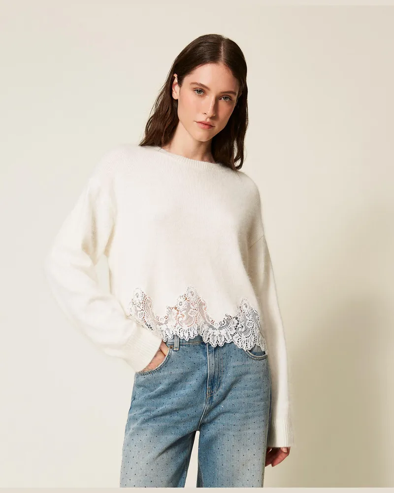 Twin-Set Pullover aus Angora mit Stickerei und Spitze, Weiß Schnee, Größe Weiß