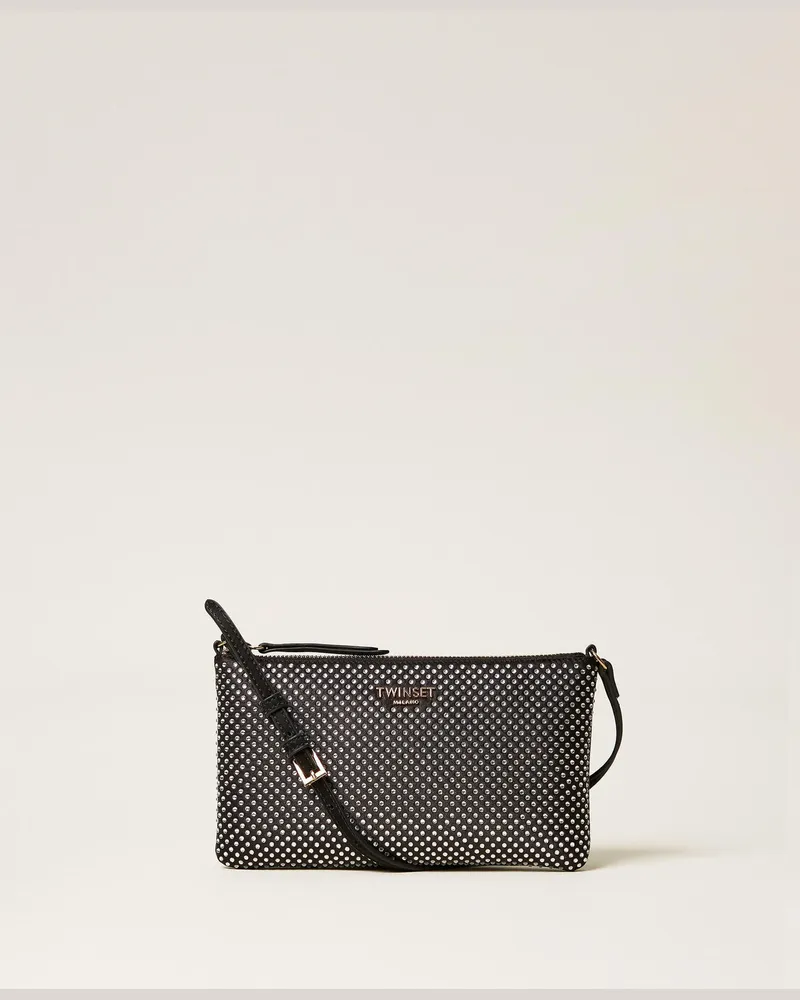 Twin-Set Mini-Umhängetasche aus Satin mit Strass Schwarz