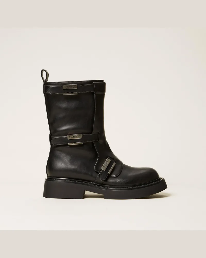 Twin-Set Schuhe - Stiefel mit Riemchen und Logo, Schwarz, Größe Schwarz