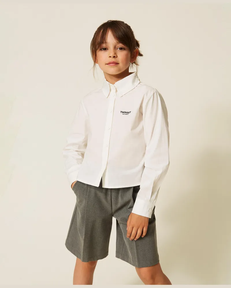 Twin-Set Hemd aus Popeline mit aufgesticktem Logo, Damen, Mattweiß Mattweiß