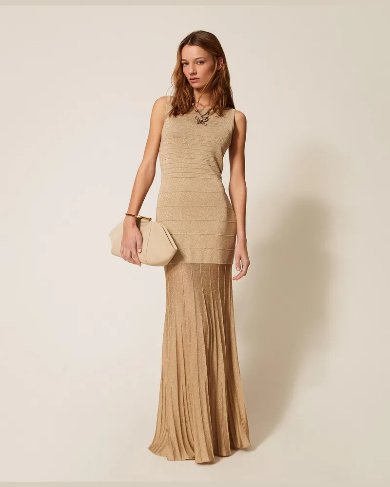 Twin-Set Kleider - Maxi-Strickkleid mit Lurex, Delicated Sand Lurex, Größe Delicated