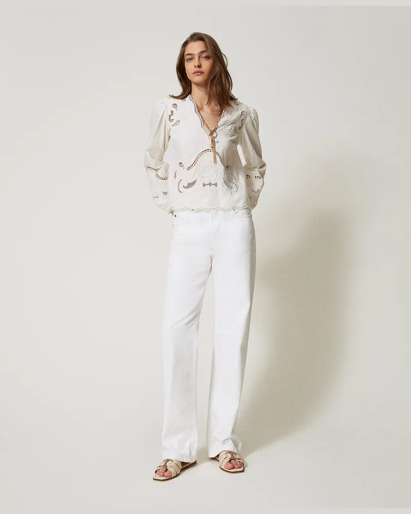 Twin-Set Hosen - Hose aus Bull-Denim mit Blumendessin, Denim Weiß, Größe Denim