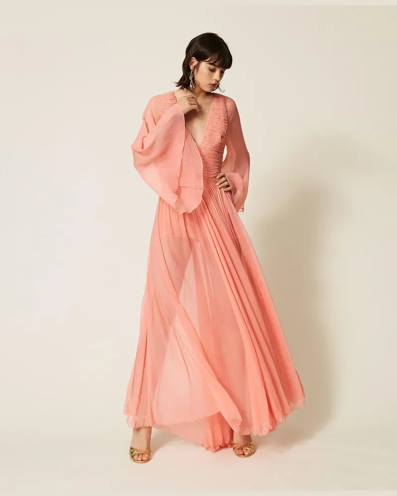 Twin-Set Langes Kleid aus Seidenkrepon Salmon