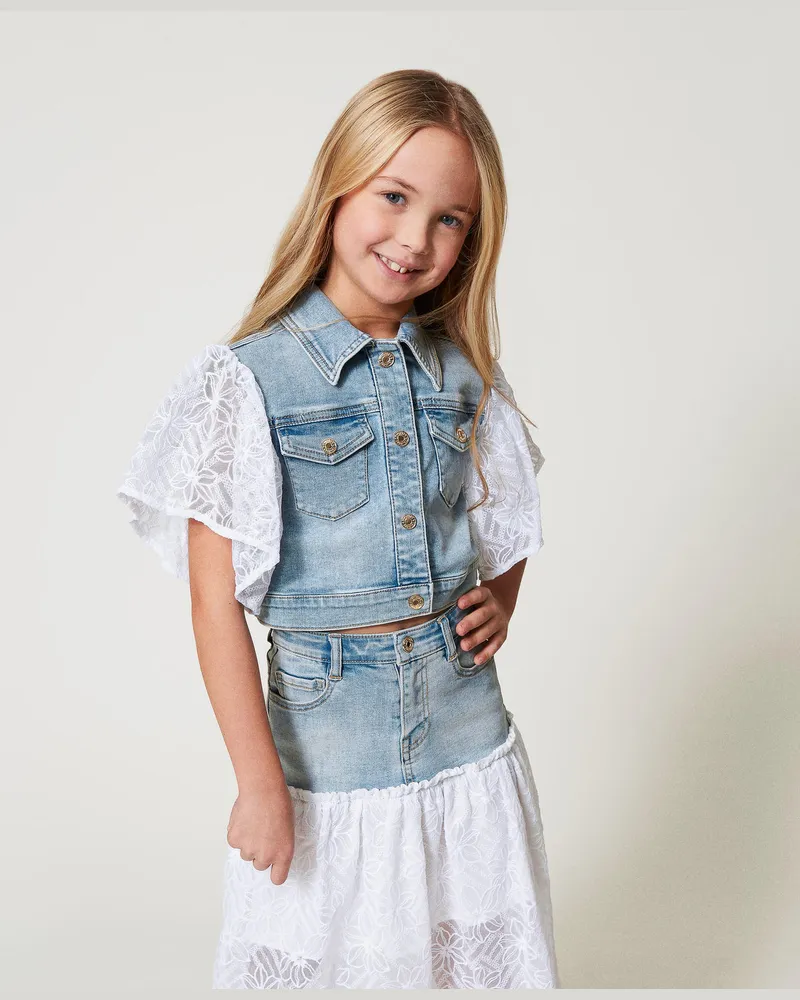 Twin-Set Jacken und Outerwear - Weste aus Jeans und besticktem Tüll, Zweifarbig Denim Chiaro / Ice, Größe Zweifarbig