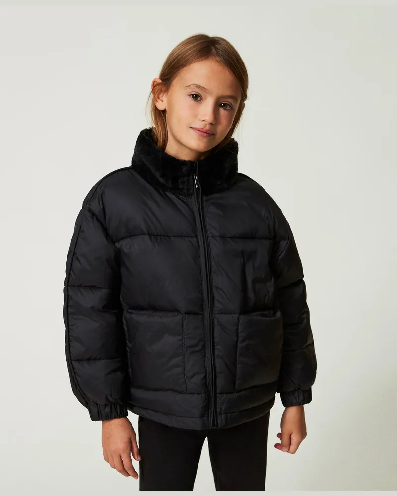 Twin-Set Jacken und Outerwear - Kurze Steppjacke mit Pelzimitat, Schwarz, Größe Schwarz