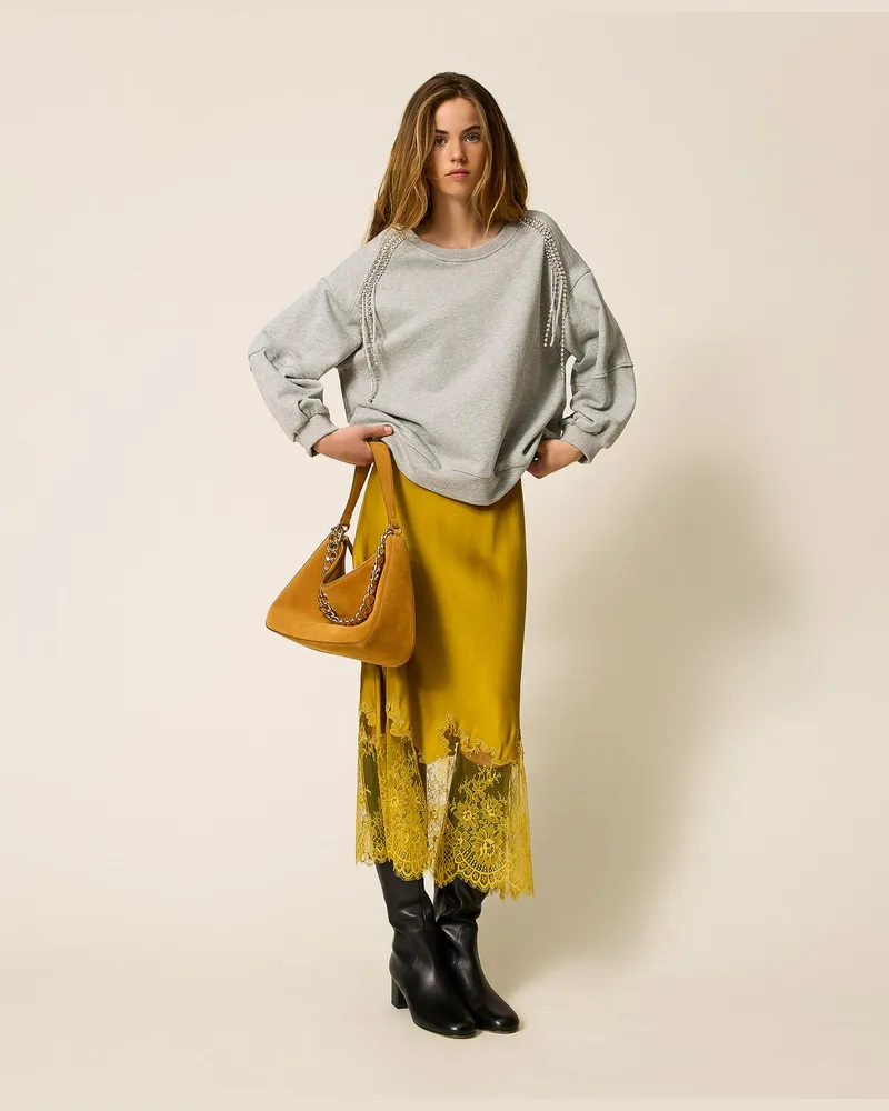 Twin-Set Sweatshirts und -jacken - Sweatshirt mit Ketten aus Strass und Perlen, Grau Melange, Größe Grau
