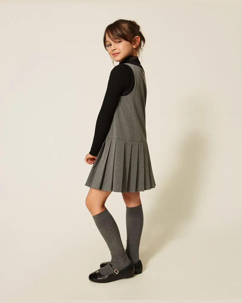Twin-Set Kurzes Flanellkleid mit Falten, Damen, Mittelgrau-Melange Mittelgrau-melange