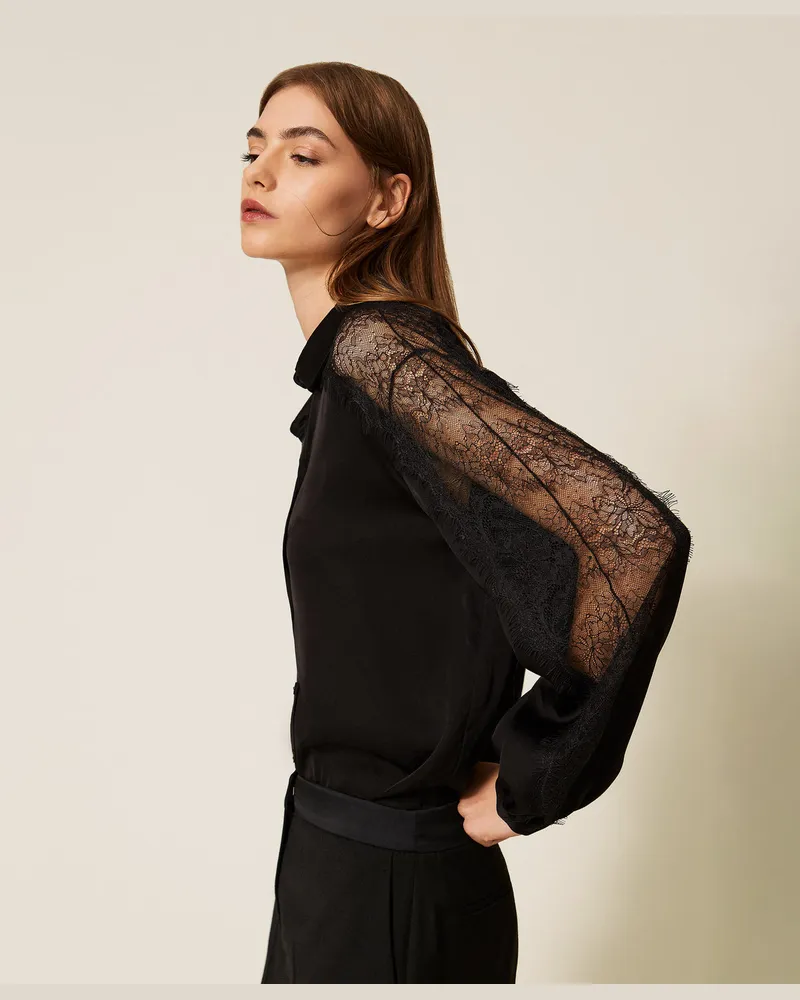 Twin-Set Hemden - Hemdbluse aus Satin mit Spitze, Schwarz, Größe Schwarz