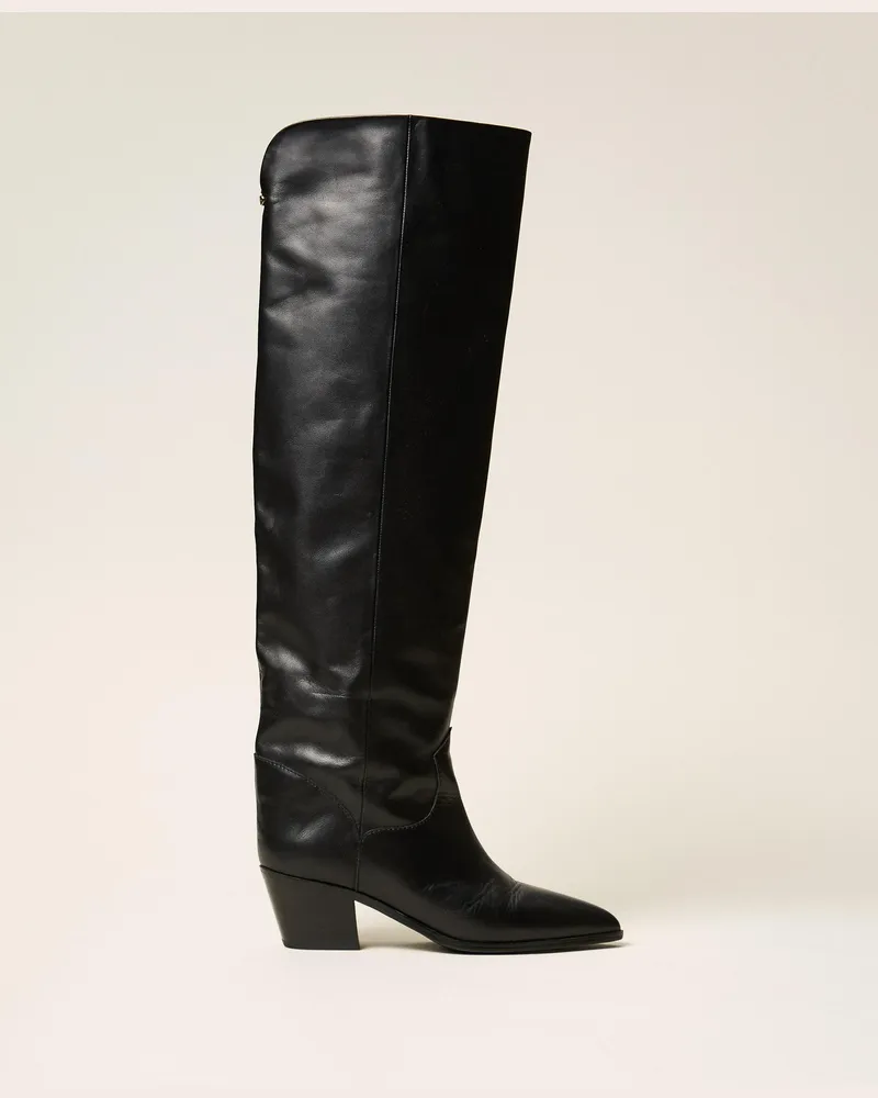 Twin-Set Overkneestiefel aus Leder, Damen, Schwarz Schwarz