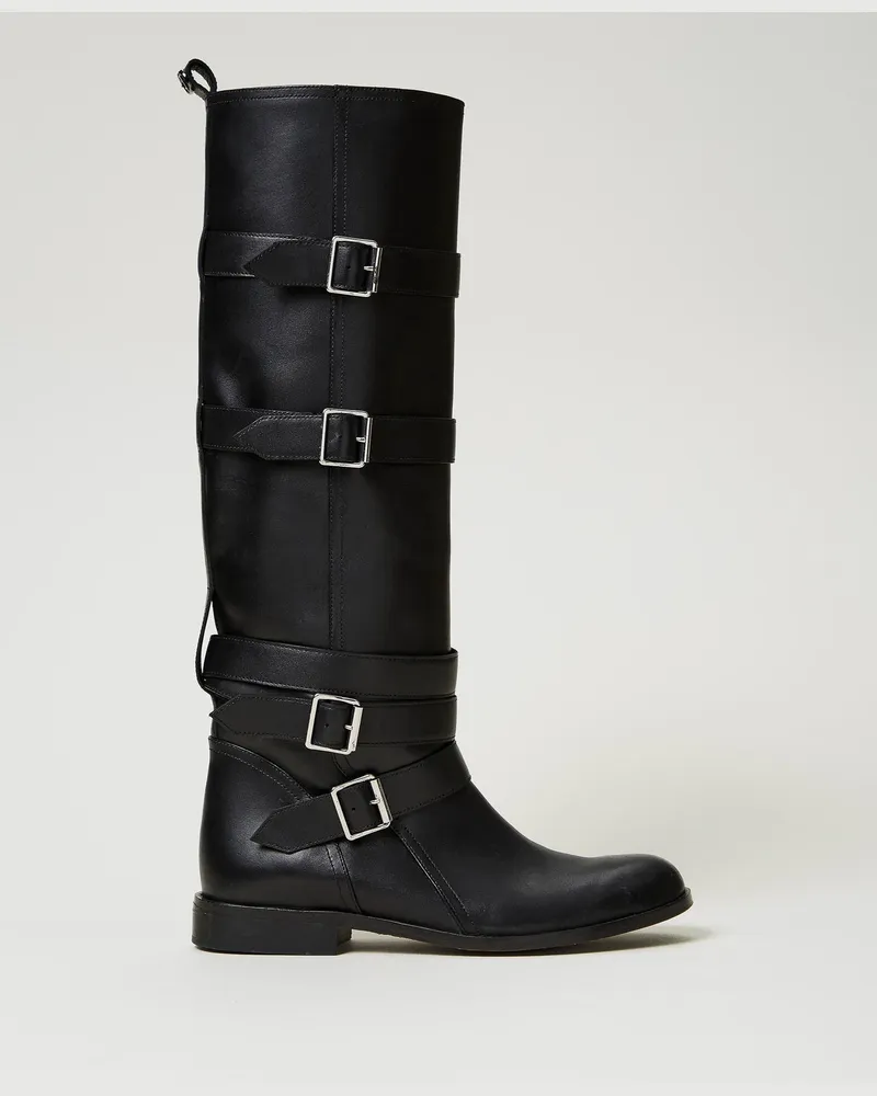 Twin-Set Schuhe - Lederstiefel mit Riemen, Schwarz, Größe Schwarz