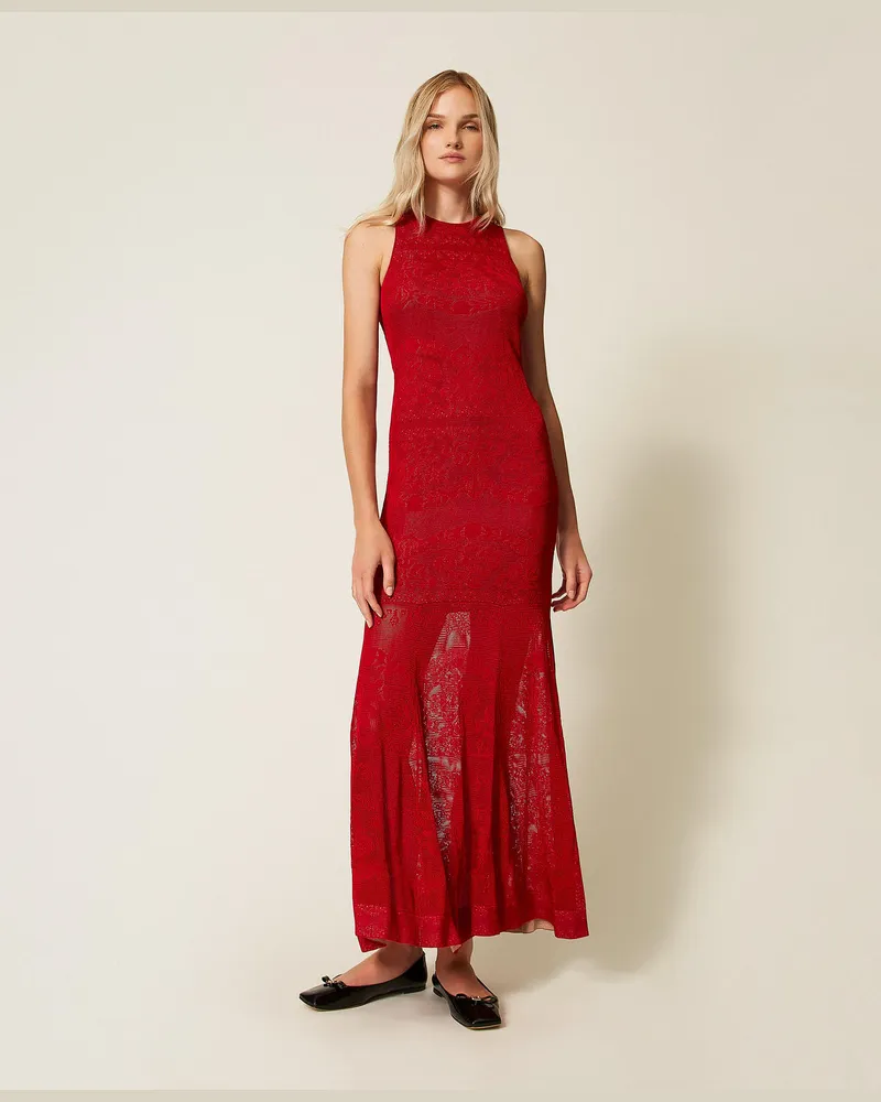 Twin-Set Kleider - Maxistrickkleid mit Durchbruchmustern, Venedigrot, Größe Venedigrot