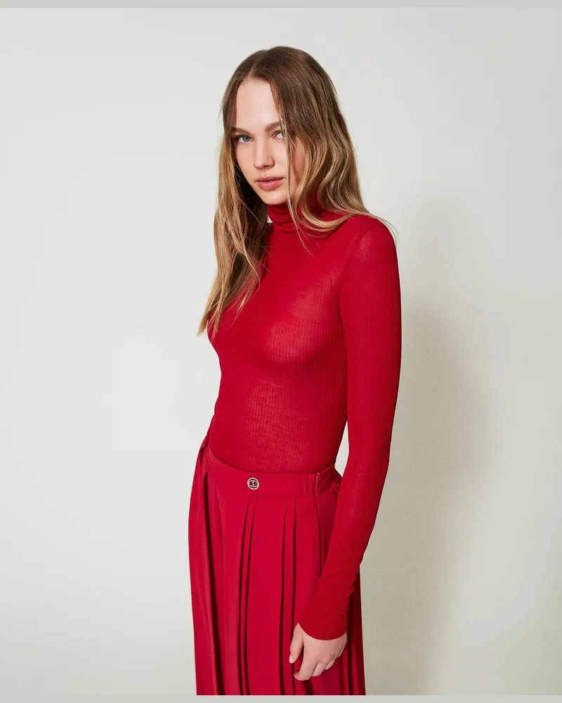 Twin-Set Figurbetonter Rollkragenpullover aus Viskose, Venedigrot, Größe: L 