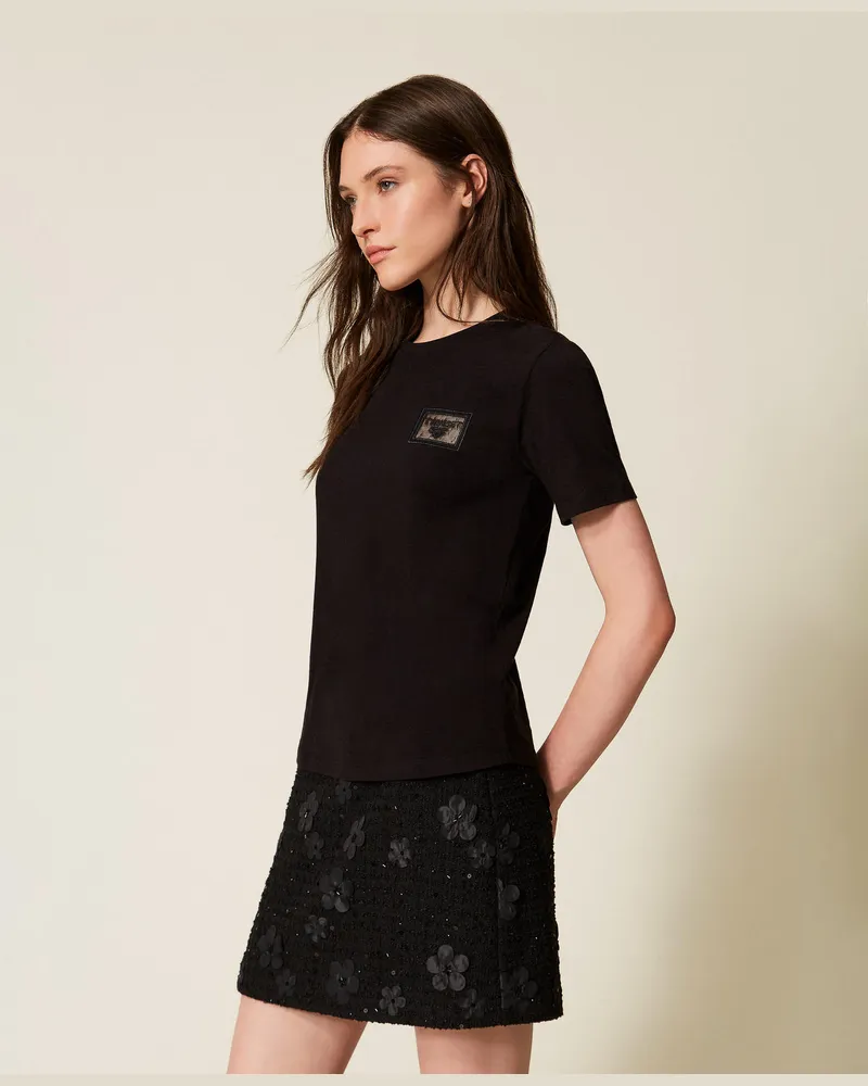 Twin-Set T-Shirts - T-Shirt im Regular-Fit mit Stickerei und Logo, Schwarz, Baumwolle, Größe: XXL 