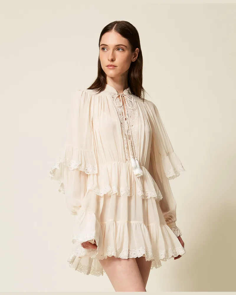Twin-Set Kleider - Kurzes Kleid aus Georgette mit Stickerei, Perlmutt, Größe Perlmutt