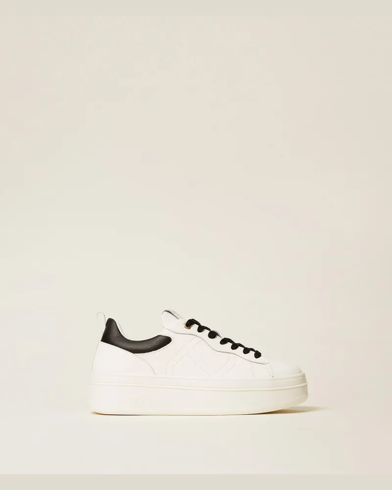 Twin-Set Schuhe - Flacher Sneaker aus Leder mit Logo, Zweifarbig Optisches Weiß / Schwarz, Größe Zweifarbig