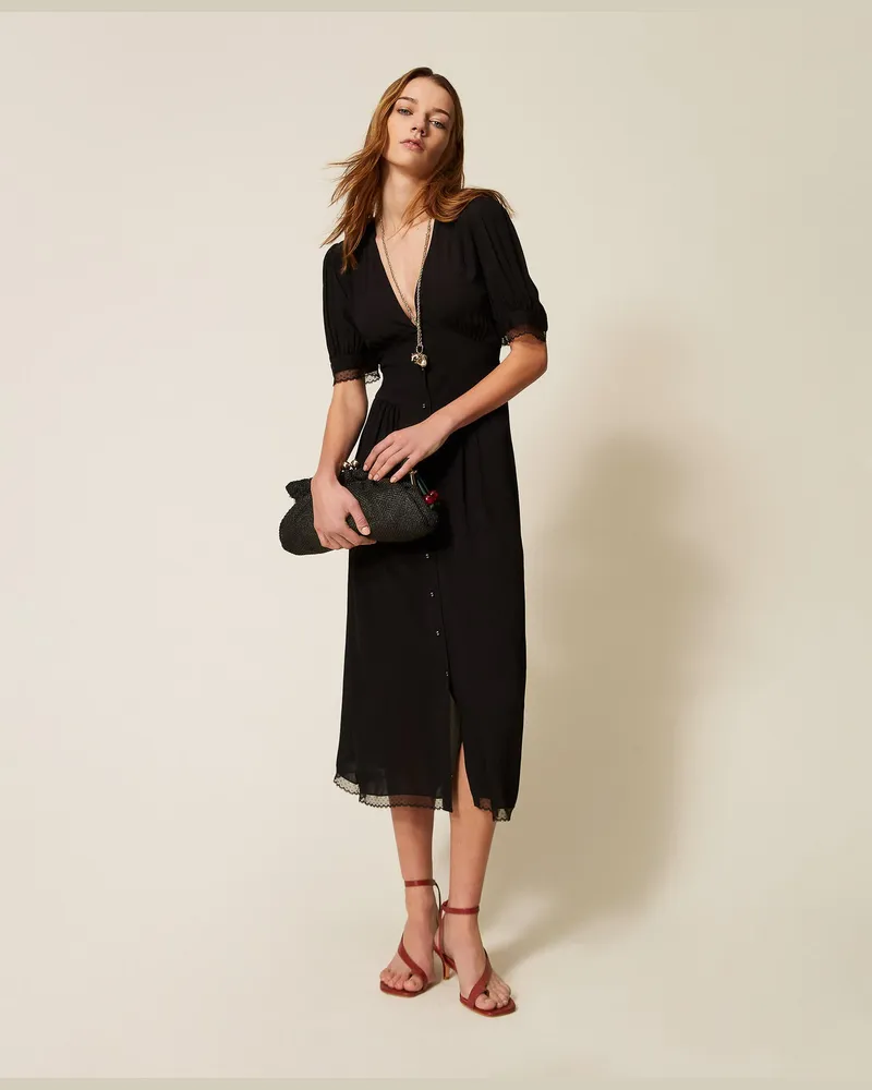 Twin-Set Kleider - Langes Kleid aus Crêpe, Schwarz, Größe Schwarz