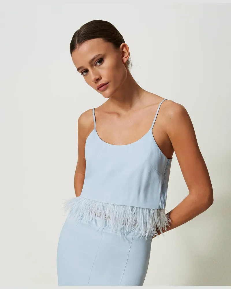 Twin-Set Tops - Crop-Top aus Satin mit Federn, „Blue Tear"-Azur, Größe: 50 