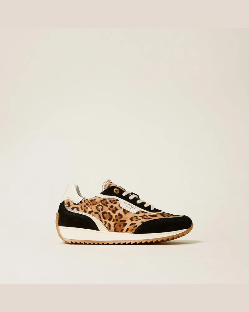 Twin-Set Schuhe - Sneaker aus Leder mit Kontrastdetail, Leopardenprint, Größe Leopardenprint