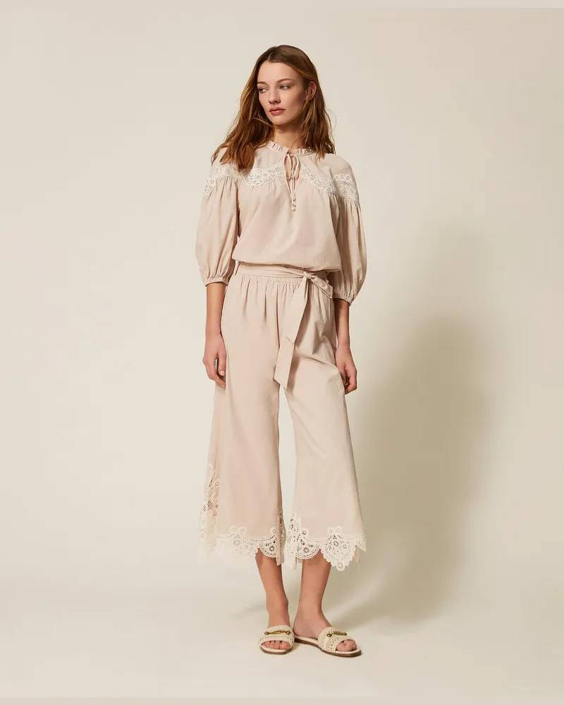 Twin-Set Hosen - Cropped-Hose aus Musselin mit Makramee, Zweifarbig Fog/Vanilleweiß, Spitze, Größe Zweifarbig