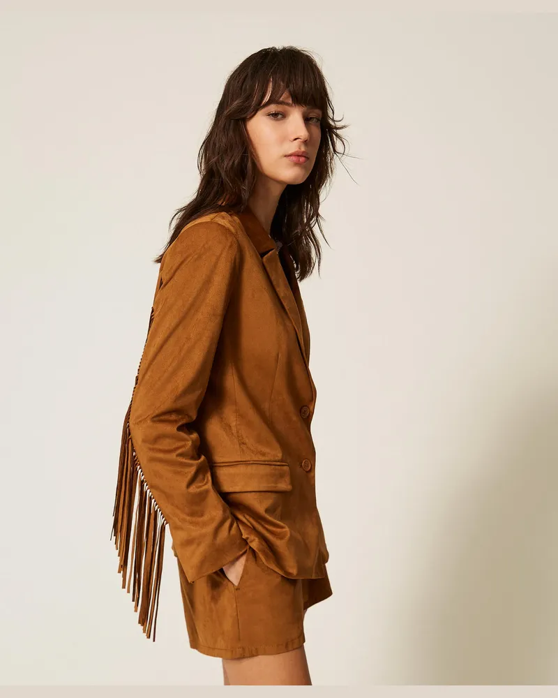 Actitude by Twinset Jacken und Outerwear - Blazer in Wildleder-Optik mit Fransen, „Rubber"-Braun, Größe „rubber“-braun