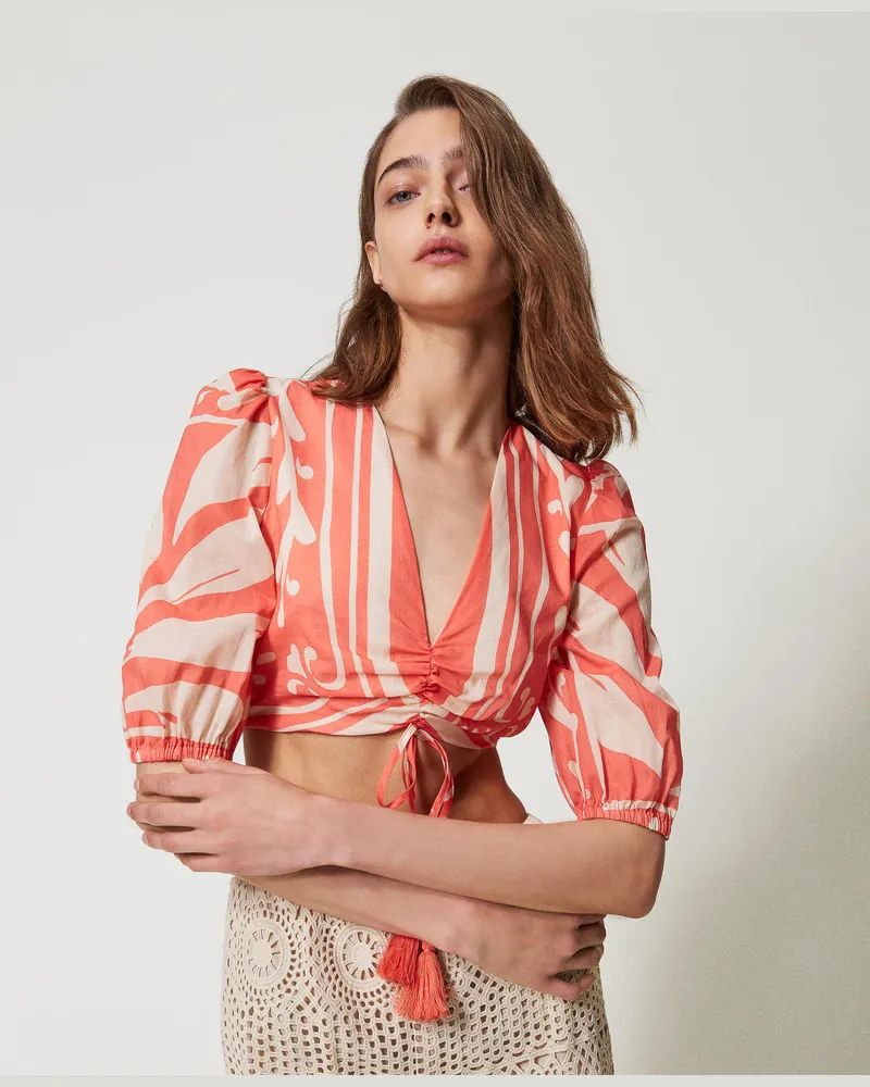 Twin-Set Bademode - Cropped-Oberteil aus bedrucktem Musselin, Foulard-Print Coral Sun / Almond Beige, Baumwolle, Größe: XL 
