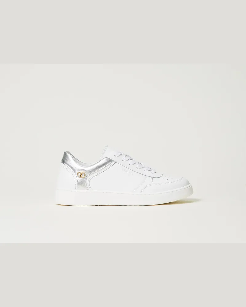 Twin-Set Schuhe - Ledersneaker mit Metallic-Einsätzen, Zweifarbig Optisches Weiß / Silber, Größe Zweifarbig
