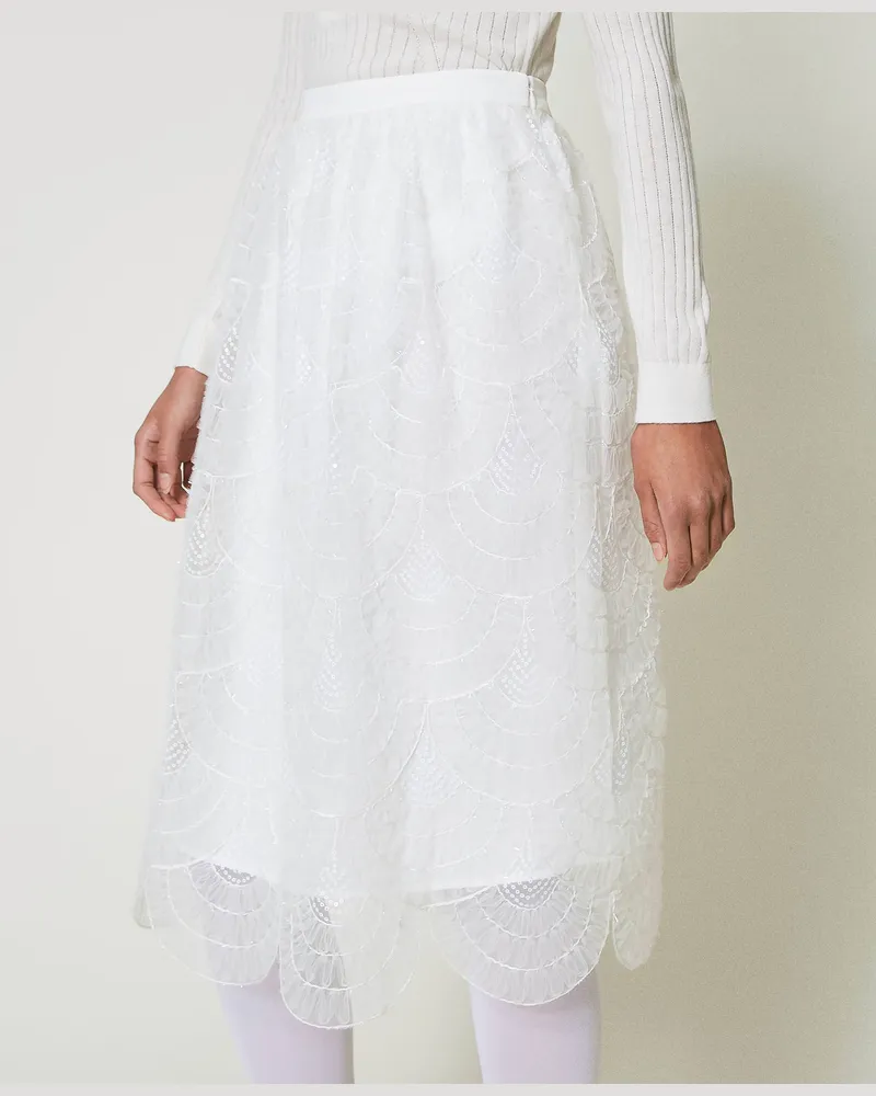 Actitude by Twinset Röcke - Midirock aus Organza mit Stickereien, White Sahne, Größe: S 