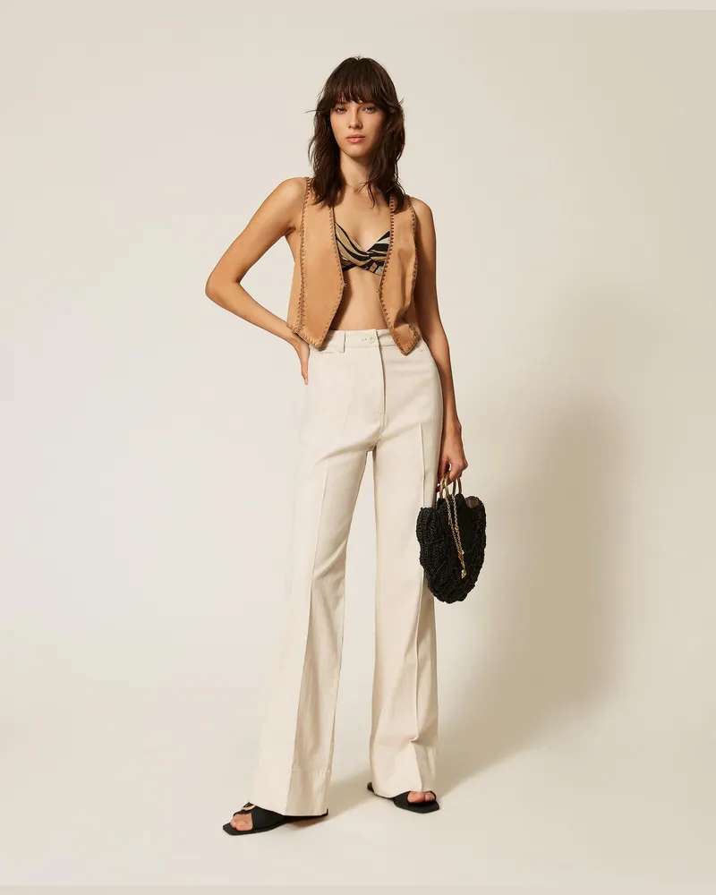 Twin-Set Bademode - Wide-Leg-Hose aus Bull-Denim, Weiß Pergament, Baumwolle, Größe Weiß