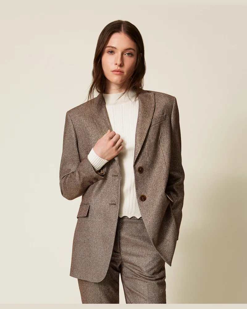 Twin-Set Jacken und Outerwear - Blazer aus Wollmischgewebe mit Lurex, Fischgrat Brown Lurex Gold, Wolle, Größe Fischgrat