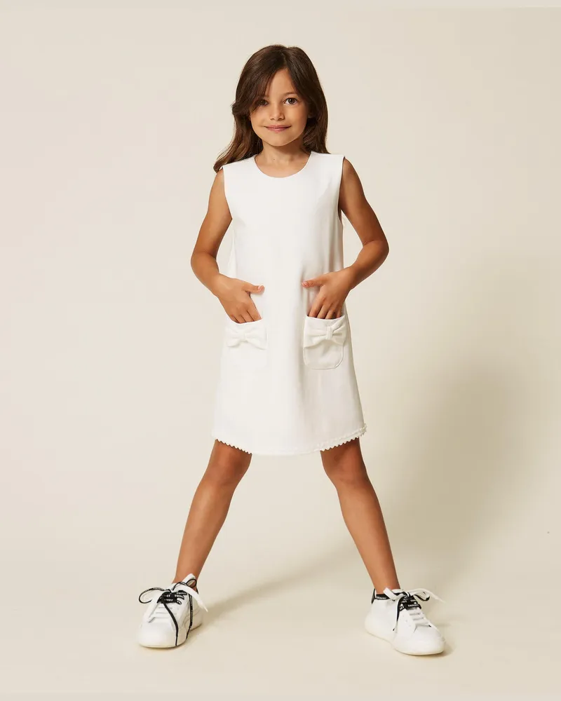 Twin-Set Kurzes Babykleid mit Schleifen und Samtdetails Weiß