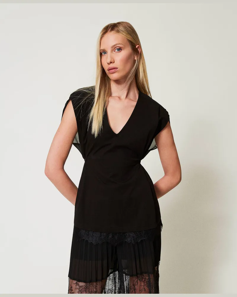 Twin-Set Tops - Top mit Spitze und Falten, Schwarz, Größe: 50 