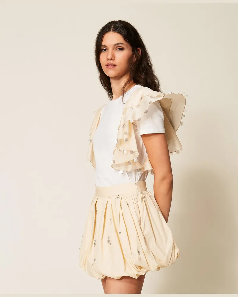 Actitude by Twinset T-Shirts - T-Shirt in Regular-Fit mit Ärmeln aus Voile, Zweifarbig Off White/Cashew-Beige, Baumwolle, Größe Zweifarbig